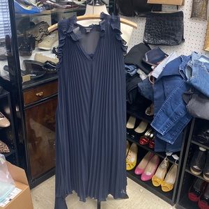 Ann Taylor Navy Blue Ruffled Dress With Wrap Belt - Sz S